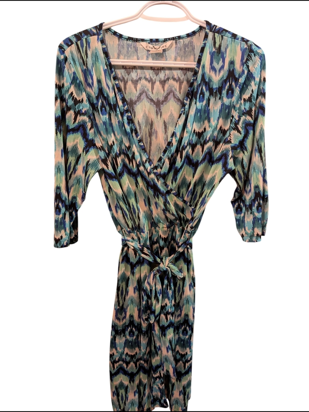 Wrap Dress with Ikat Print in Teal, Navy & Blush